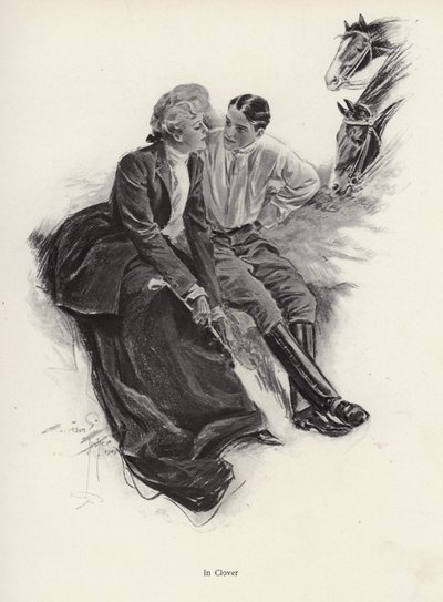 Romantisk par tar en pause under en ridetur (litho) av Harrison Fisher