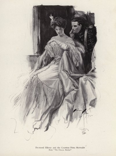 To karakterer, Desmond Ellery og grevinnen Frina Mavrodin fra romanen, The Princess Moritza, av Percy Brebner (litho) av Harrison Fisher