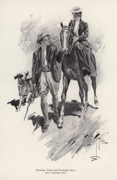 To karakterer, Penelope Drake og Randolph Shaw fra romanen, Cowardice Court, av George Barr McCutcheon (litho) av Harrison Fisher
