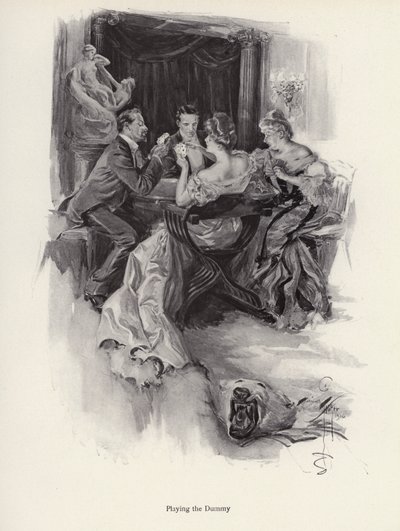 To par spiller kort på en kveldsfest (litho) av Harrison Fisher