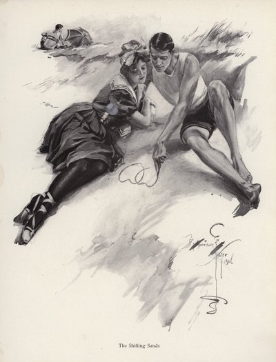To elskere som tegner hjerter i sanden på stranden (litho) av Harrison Fisher