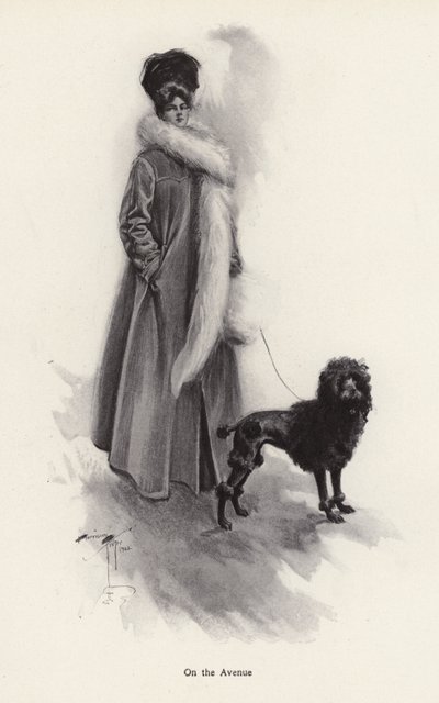 Kvinne i lang frakk med puddel (litho) av Harrison Fisher