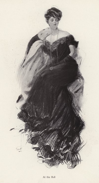 Kvinne i aftenkjole på ball (litho) av Harrison Fisher