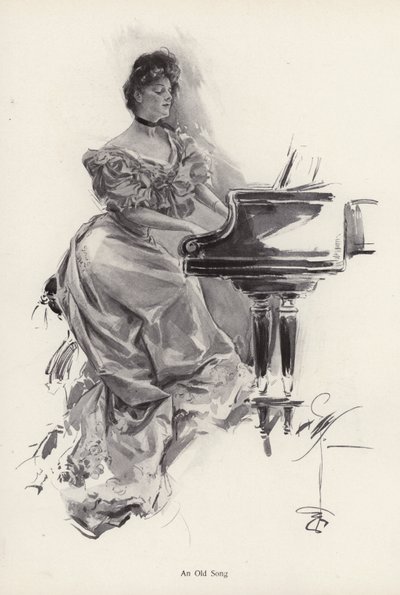Kvinne spiller en sang på et piano (litho) av Harrison Fisher