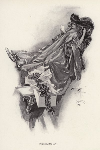 Kvinne som mottar en bukett blomster fra en beundrer (litho) av Harrison Fisher