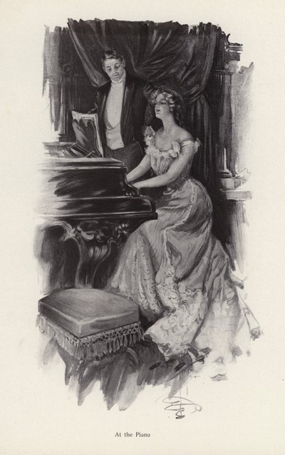 Kvinne synger ved pianoet (litho) av Harrison Fisher