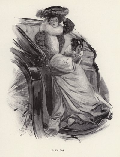 Kvinne sitter i en vogn med hunden sin (litho) av Harrison Fisher