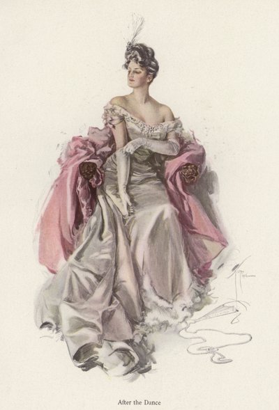 Kvinne iført en aftenkjole etter dansen (farge litho) av Harrison Fisher