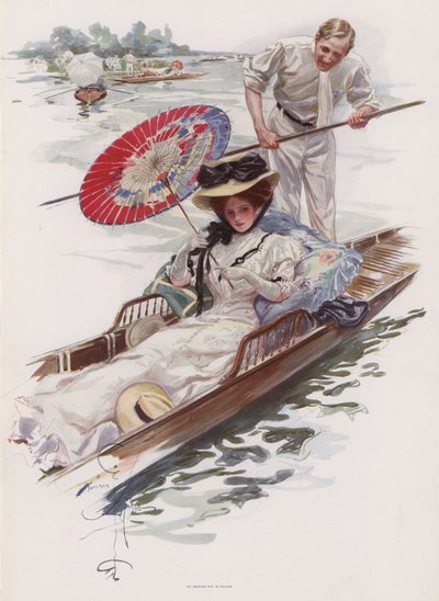 Ung amerikansk kvinne nyter en punttur på en engelsk elv (farge litho) av Harrison Fisher