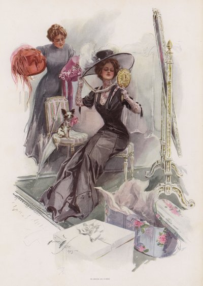 Ung amerikansk kvinne prøver på hatter hos en fransk freser (farge litho) av Harrison Fisher