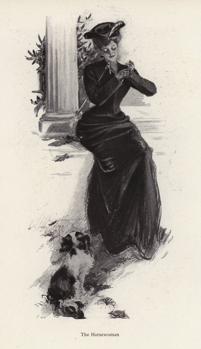 Ung kvinne og hunden hennes venter på å ri (litho) av Harrison Fisher