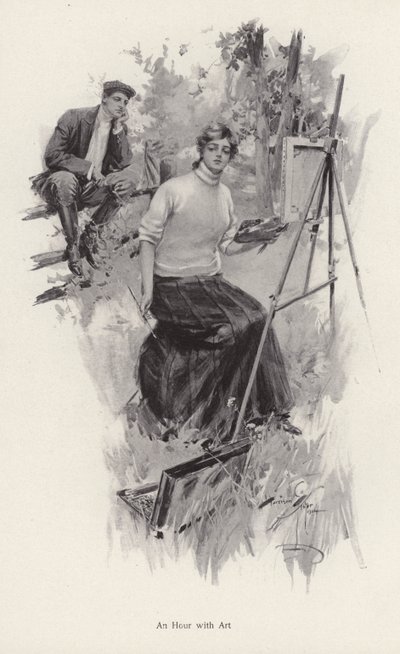 Ung kvinnekunstner maler på landsbygda mens en ung mann ser på (litho) av Harrison Fisher