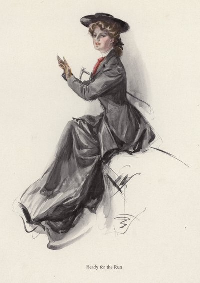 Ung kvinne gjør seg klar til å ri (farge litho) av Harrison Fisher