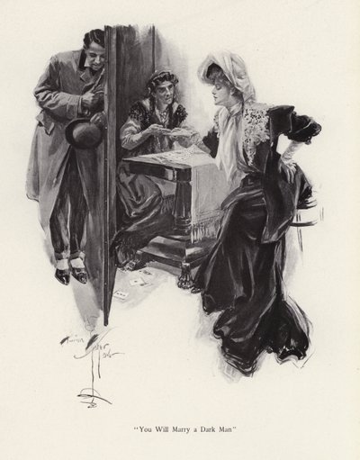 Ung kvinne får fremtiden fortalt av en sigøyner (litho) av Harrison Fisher