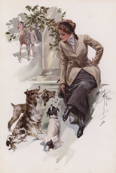 Ung kvinne i sin ridevane sitter med hundene sine (farge litho) av Harrison Fisher