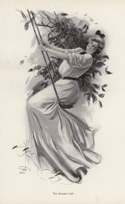 Ung kvinne på en huske (litho) av Harrison Fisher