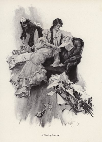 Ung kvinne mottar en bukett blomster og et brev fra en beundrer (litho) av Harrison Fisher