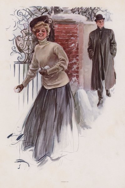 Ung kvinne som venter på å kaste snøballer på en mann (farge litho) av Harrison Fisher