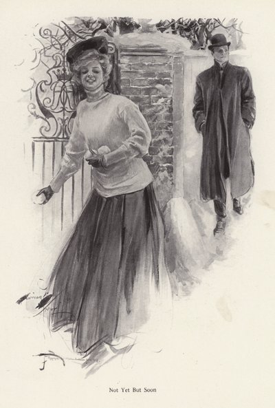 Ung kvinne som venter på å kaste snøballer på en mann (litho) av Harrison Fisher