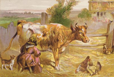 Gamle Nancy melker kua (fargelitografi) av Harrison William Weir