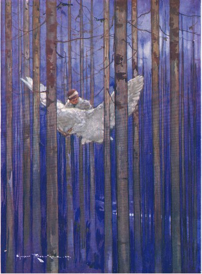 Ugla og Gilbert hadde fantastiske turer i måneskinnet (fra The Forest Foundling) (farge litho) av Harry Rountree