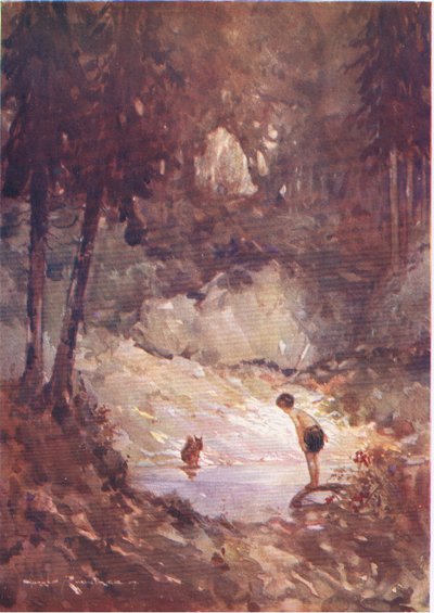 "Du kan like gjerne hoppe inn nå," sa ekornet til Gilbert (fra The Forest Foundling) (farge litho) av Harry Rountree