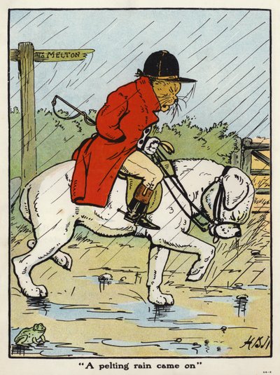 "Et pøsende regn kom på" (farge litho) av Harry B Neilson
