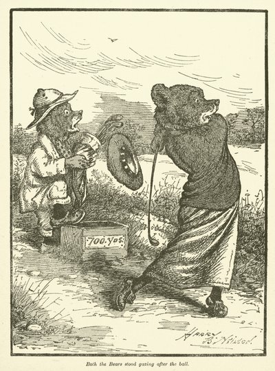 Bjørner som spiller golf (farge litho) av Harry B Neilson