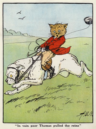"Forgjeves stakkar Thomas trakk i tøylene" (farge litho) av Harry B Neilson