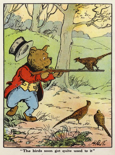 "Fuglene ble snart ganske vant til det" (farge litho) av Harry B Neilson
