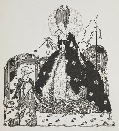 En dame ser ned på en bonde og tigger om penger. av Harry Clarke