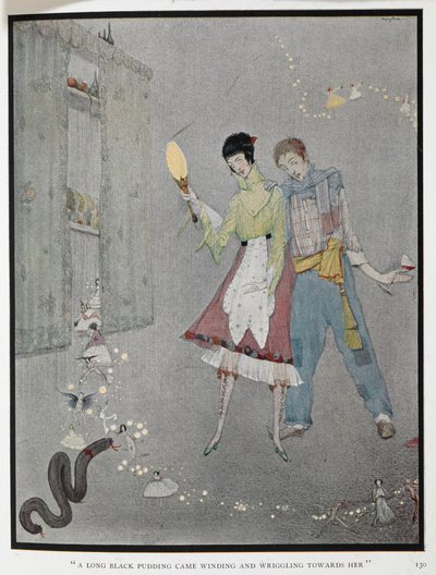 "En lang blodpudding kom slingrende og vriddende mot henne." En illustrasjon til historien, 'de latterlige ønsker'. Harry, en vedhogger, og hans kone, Fanny, har nettopp ønsket et feiltak. av Harry Clarke