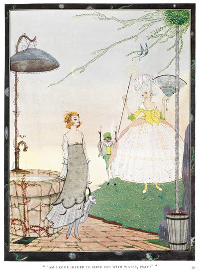"Er jeg kommet hit for å tjene deg med vann, be?" Illustrasjon for historien, "feen." En ung kvinne som møter en fe med utseendet til en velkledd dame. av Harry Clarke