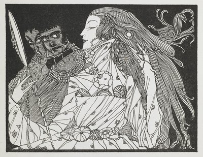 En illustrasjon til historien 'Askepott'. En kvinne ser på refleksjonen hennes i et håndspeil av Harry Clarke
