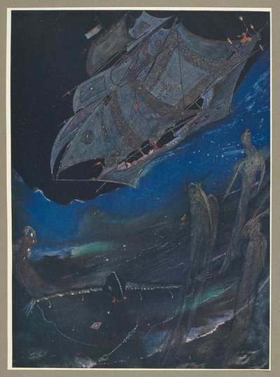 En illustrasjon som viser et skip på sjøen, og fisk under det. av Harry Clarke