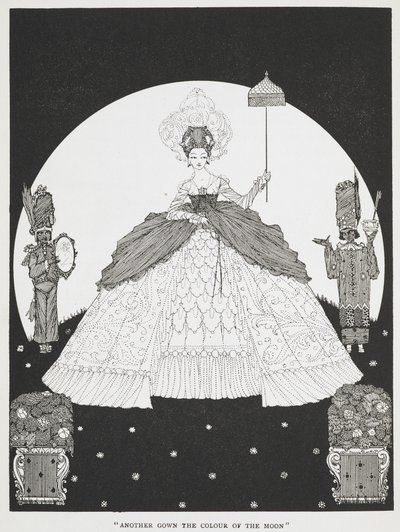 "En annen kjole i månens farge". En illustrasjon for historien, 'eselskinn'. En vakker prinsesse som holder en parasoll, to tjenere står på hver side av henne. av Harry Clarke