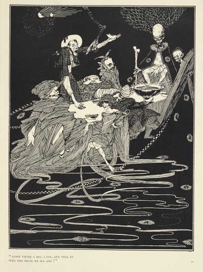 Avast der litt, sier jeg, og fortell oss hvem djevelen dere alle er!'. Fra historien King Pest. av Harry Clarke