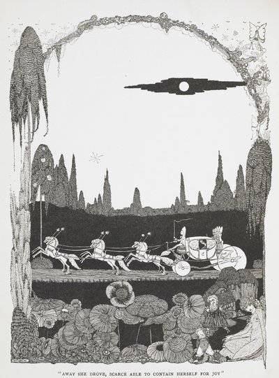 "Bort hun kjørte, knapt i stand til å holde seg selv av glede." Illustrasjon til historien Askepott eller den lille glasstøffelen'. av Harry Clarke