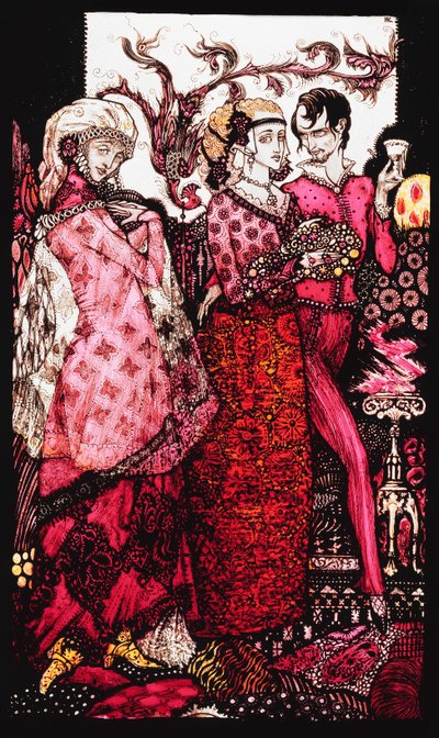 Bert the Bigfoot, sunget av Villon". "Queens", ni glasspaneler surret, beiset og malt, Illustrerer J.M. Synges dikt, 1917 av Harry Clarke