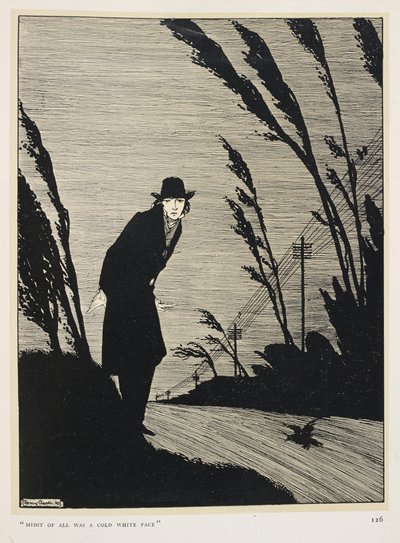 Svart og hvit. 'Midt av alt var et kaldt hvitt ansikt'. En mann kledd i svart; en rad med telegrafstolper. av Harry Clarke