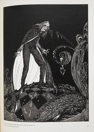 Men i mange minutter slo hjertet med en dempet lyd. Illustrasjon til novellen, 'det fortellende hjertet'. Fortelleren kveler den gamle mannen med i egen seng. av Harry Clarke