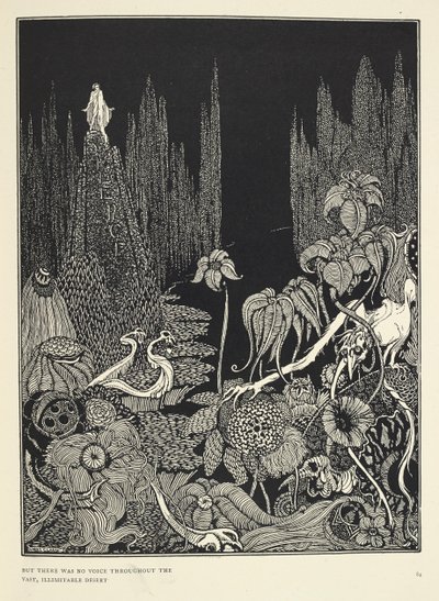 "Men det var ingen stemme i den enorme ubegrensede ørkenen." Illustrasjon for 'Stillhet - en fabel'. av Harry Clarke