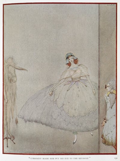 – Nysgjerrigheten fikk ham til å sette øyet til nøkkelhullet. Illustrasjon til historien, 'eselskinn'. En prinsesse som blir spionert på av en prinsesse. av Harry Clarke