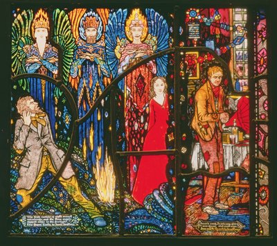 Detalj fra Geneva-vinduet som skildrer The Demi Gods av James Stephens og Juno and the Paycock av Sean OCasey, 1929 av Harry Clarke