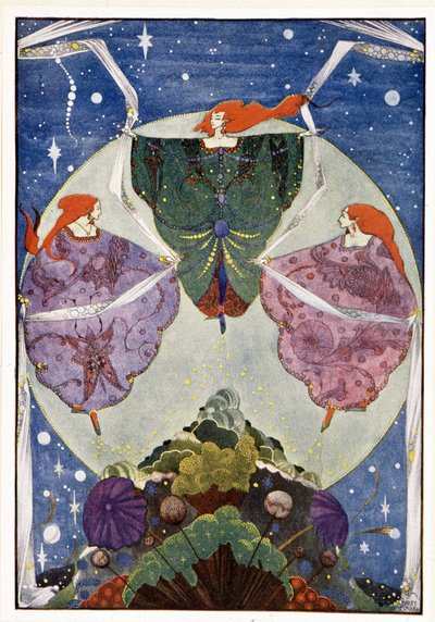 Feer:”” De danset med sjal som var vevd av tåke og måneskinn””: Alvebakken - i “” Eventyr”” av HC Andersen, ill. av Harry Clarke av Harry Clarke