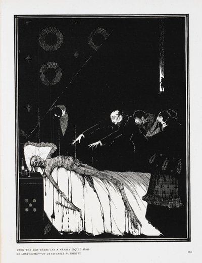 Fra sengen lå det en nesten flytende masse av avskyelig - av avskyelig råttenhet'. En illustrasjon til historien, 'fakta i saken om M. Valdemar'. av Harry Clarke