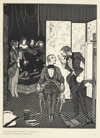 "Er det ikke tatt noen kopi?" krevde han og undersøkte den gjennom et mikroskop. Ullustrasjon for historien 'djevelen i klokketårnet'. av Harry Clarke