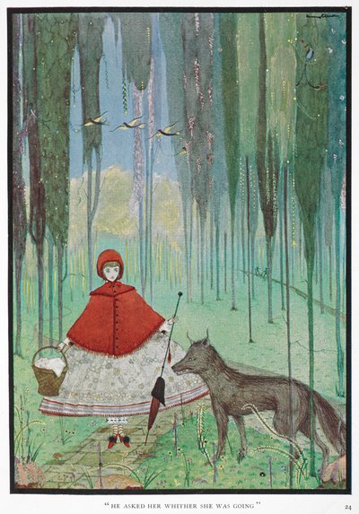 — Han spurte henne hvor hun skulle. Rødhette møter ulven, i en skog. av Harry Clarke