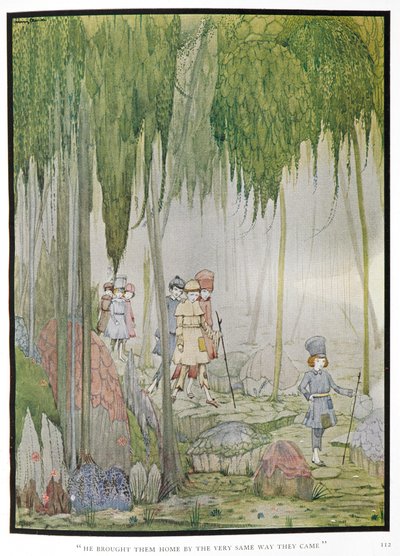 "Han brakte dem hjem på samme måte som de kom." Illustrasjon til historien, 'liten tommel'. Barn i en skog. av Harry Clarke