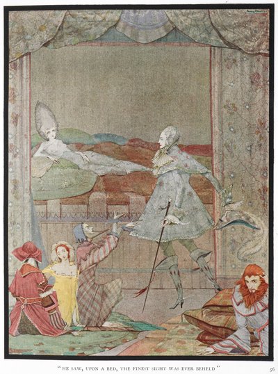 "Han så, på en seng, det fineste syn som noen gang ble sett." Prinsen som ser prinsessen, "Sleeping Beauty", på sengen hennes. av Harry Clarke